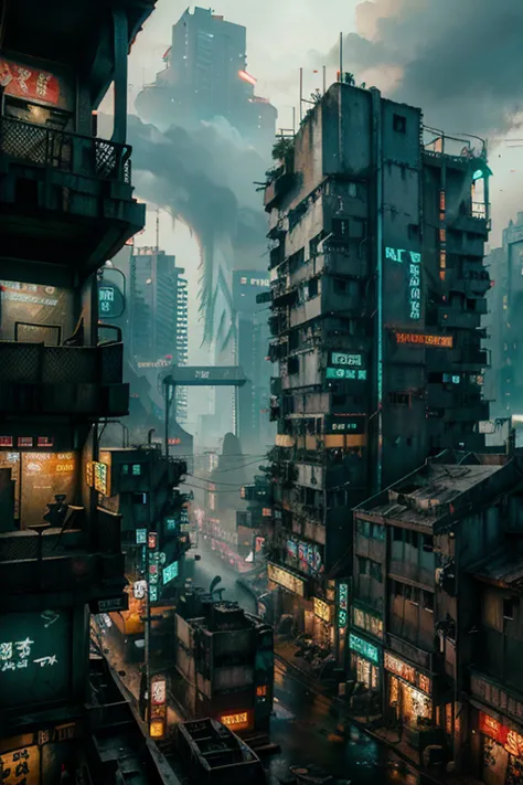 kowloon walled city, cyberpunk version of kowloon,a group of concrete and rusted buildings,a group of dilapidated buildings pile...