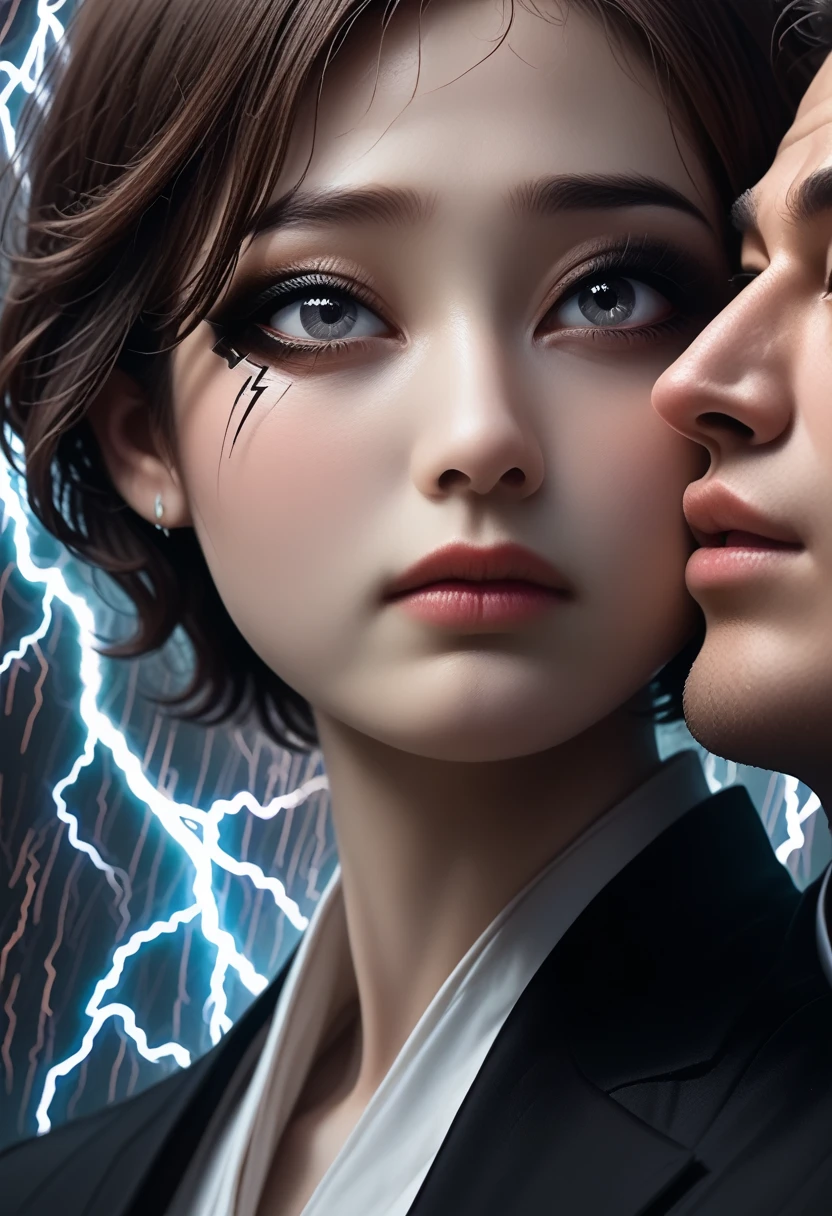 movie poster, Butterfly, Science fiction, movie, atmosphere, sky, Male and feMale couple, Blonde and long-haired woman, adult, (Realism: 1.4), top quality, masterpiece, Male, thin, (1 person, white loose shirt, black trousers, the viewer is watching, Brown hair, grey eyes, closed mouth, upper body), (Face of the Idol, Korean face, sharp eyeliner) (Male), (Focus on face, I could, Lightning in the movie, (light spring theme, man with short hair),((close-up of feMale face on background of man standing in foreground))