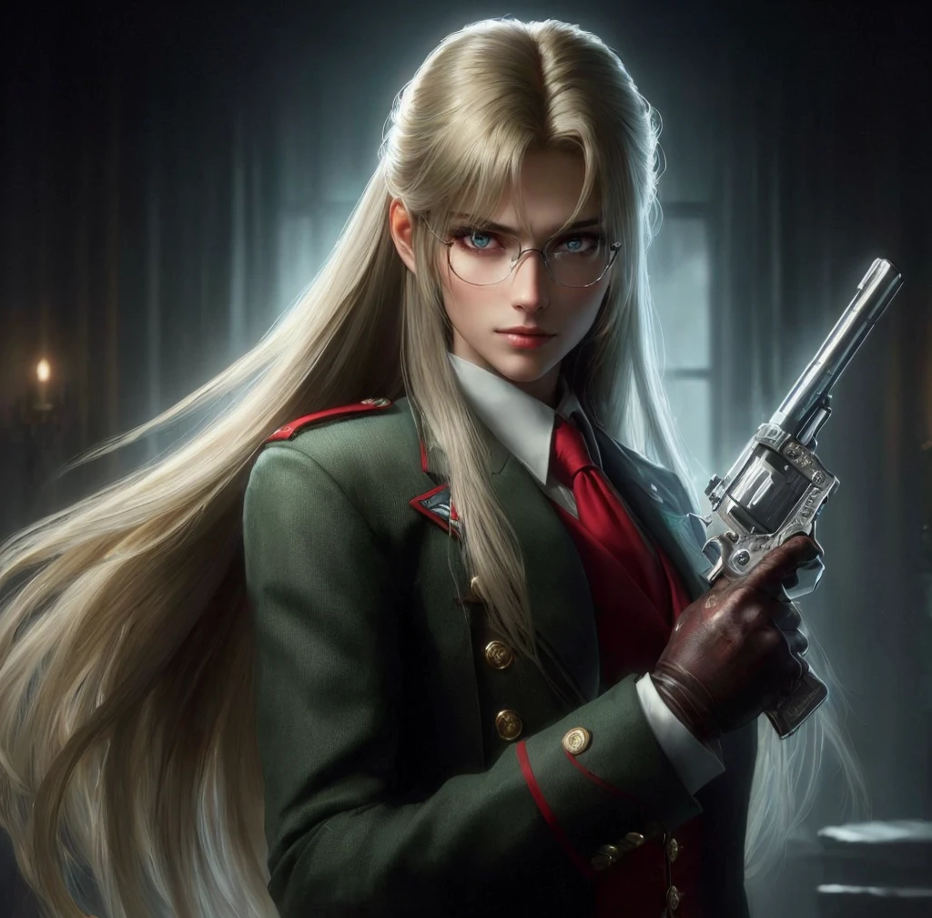 Woman Long straight hair, military-style uniform with shoulder insignia, red tie, white dress shirt, séri, rosto bravo, oculos de grau redondo, holding a cigar in right hand, relaxed pose, looking at camera, indoor dark background, low light source from the upper left, smoke drifting upwards, serious atmosphere. Integra hellsing ((Best quality, 8k, Masterpiece : 1.3)), upper bod y, Sharp focus : 1.2, Beautiful woman with perfe ct figure, Highly detailed facial and skin textur e, Detailed eyes, Double evelids, Interior view, f erpect lighting, Glowing skin,