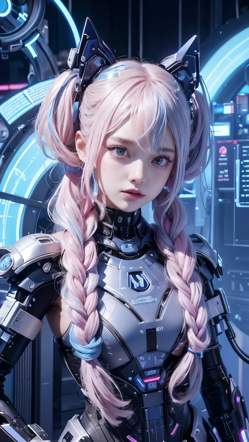 In a high-tech laboratory setting bathed in vibrant blue and pink hues, a young woman with long curly white hair styled in pigtails with black ribbons stands confidently. She adorns a striking silver and pink metallic bikini paired with intricate mechanical arm accessories, exuding a futuristic and edgy vibe. Her pale smooth skin contrasts against cybernetic implants, giving her a distinctly sci-fi appearance. Neon lights illuminate the scene, with dramatic lighting casting strong shadows as light emanates from multiple directions. The focal point is a central futuristic machinery, where the woman stands in a front view pose, looking straight ahead. The shallow depth of field and sharp focus on the subject emphasize vivid colors and high-detail exposure, creating a captivating sci-fi atmosphere.