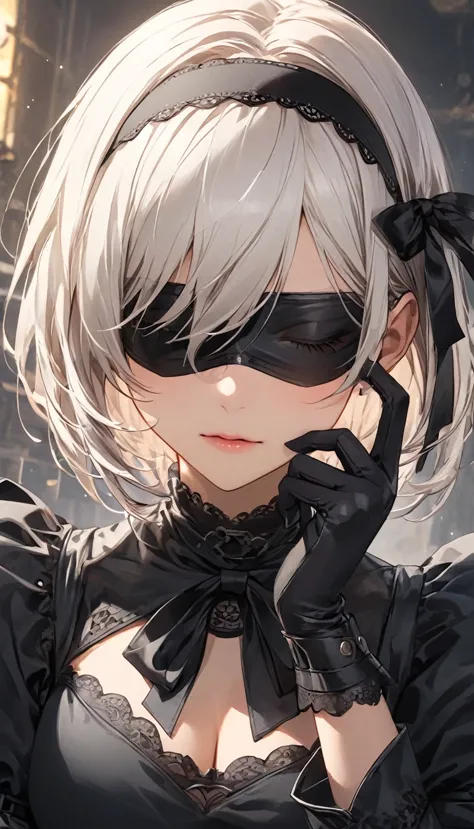 (score_9,score_8_up,score_7_up),1girl,solo,2b \(nier:automata\), ,looking at viewer,black hairband, blindfold,  clothing cutout,...