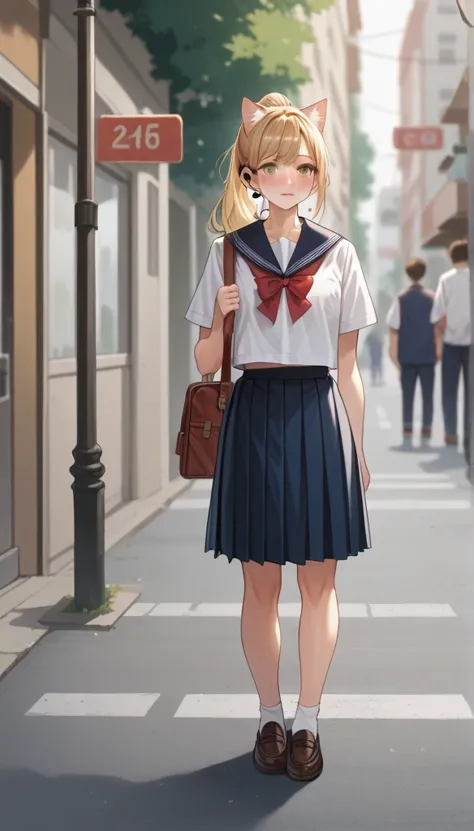 beautiful girl standing in street, high resolution, ponytail, chest, blushing, blonde, cat ear, blurred, earphone, school unifor...