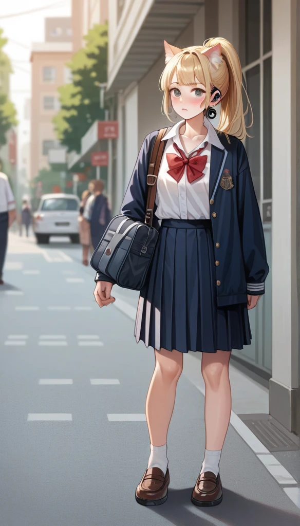 Beautiful girl Standing in street, High resolution, Ponytail, chest, Blushing, Blonde, Cat ear, Blurred, earphone, school uniform, (full body shot:1.2)