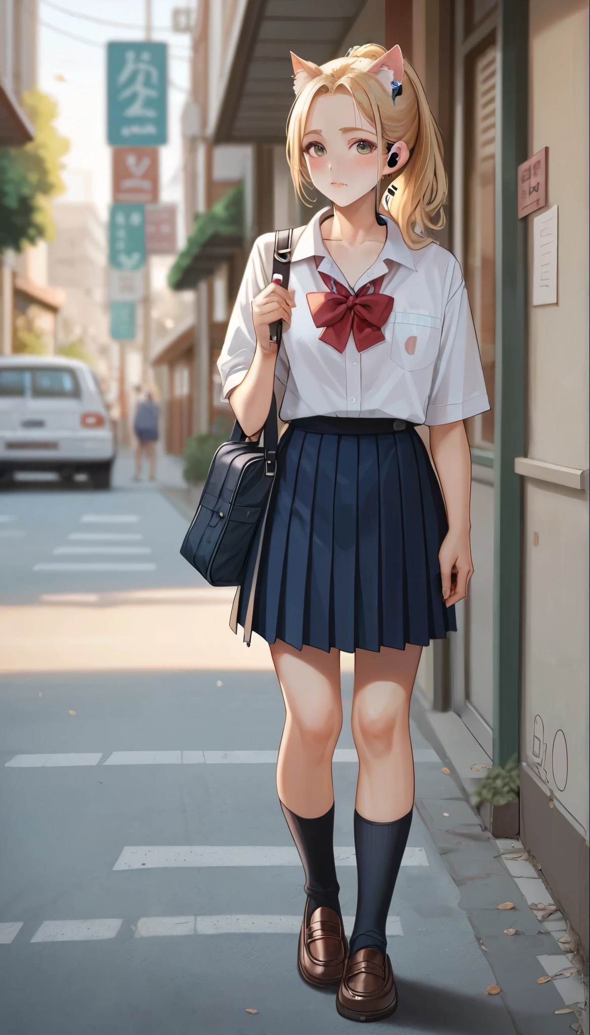 Beautiful girl Standing in street, High resolution, Ponytail, chest, Blushing, Blonde, Cat ear, Blurred, earphone, school uniform, (full body shot:1.2)