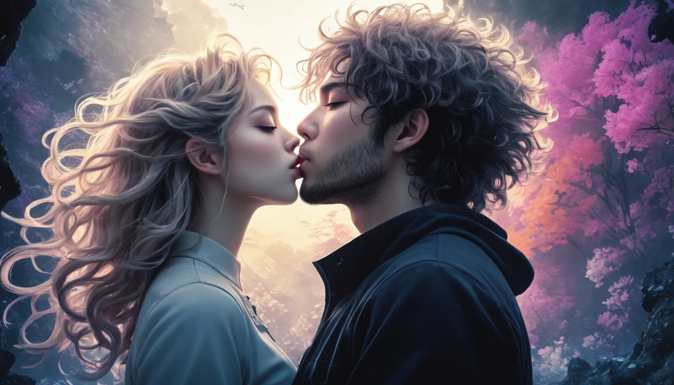 a man with fluffy hair kissing a woman, double exposure collage art illustration, silhouette art, fantasy, hdr, vibrant, surrealism, hyperdetailed, hypermaximalist illustration, art by Anime Key Visual, Japanese Manga, Pixiv, Zerochan, Anime art, Fantia