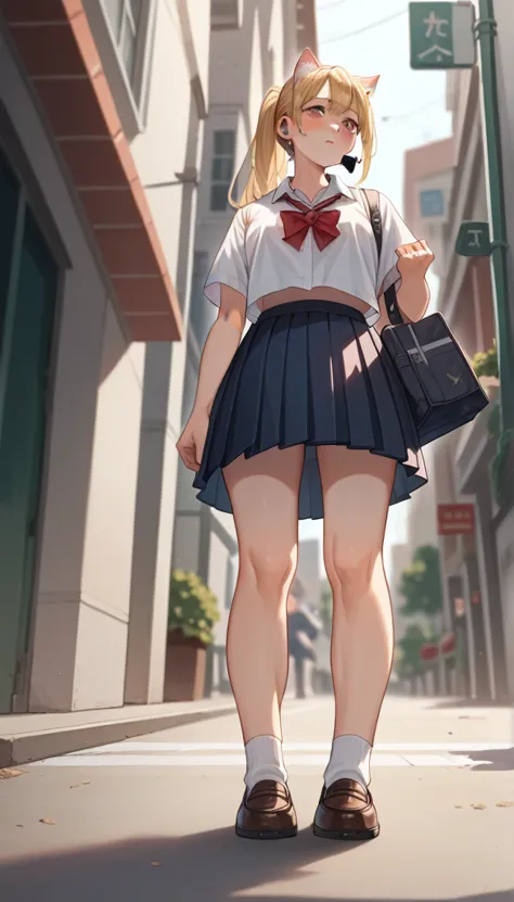 beautiful girl standing in street, high resolution, ponytail, chest, blushing, blonde, cat ear, blurred, earphone, school unifor...