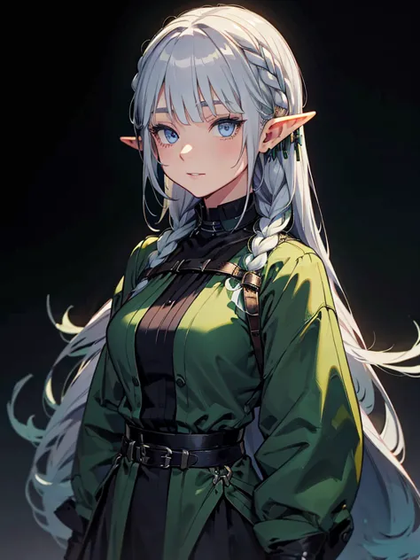 black background with spotlight、green clothing、rinwell-style braided silver hair、pointed ears、elf、blue eyes、casual clothing、long...