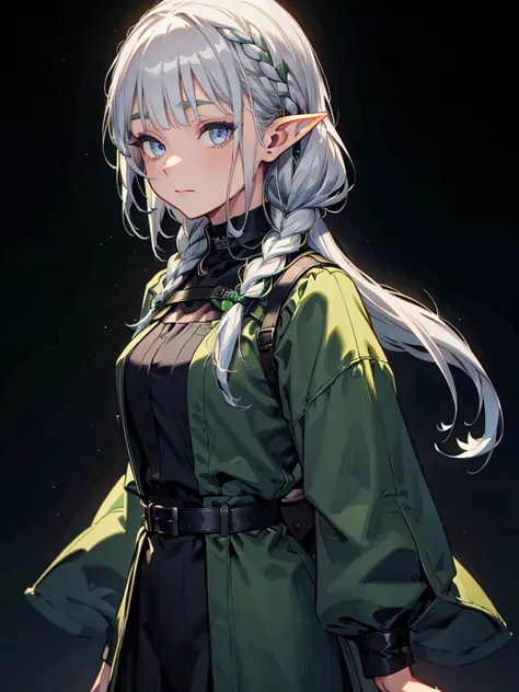 black background with spotlight、green clothing、rinwell-style braided silver hair、pointed ears、elf、blue eyes、casual clothing、long...