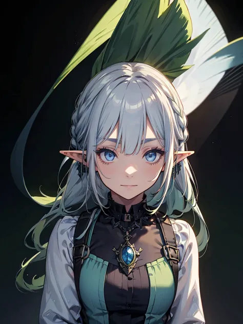 black background with spotlight、green clothing、rinwell-style braided silver hair、pointed ears、elf、blue eyes、casual clothing、long...