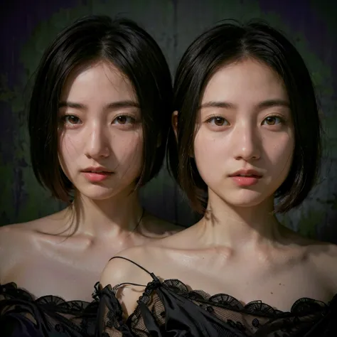 identical twin sisters、surrealistic portraiture: create a portraiture of a character by mixing realistic and surreal elements. f...