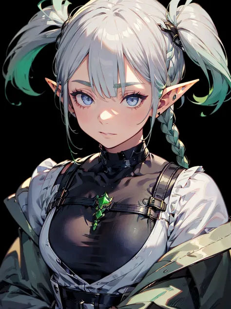 black background with spotlight、green clothing、rinwell-style braided short silver hair、pointed ears、elf、blue eyes、casual clothin...