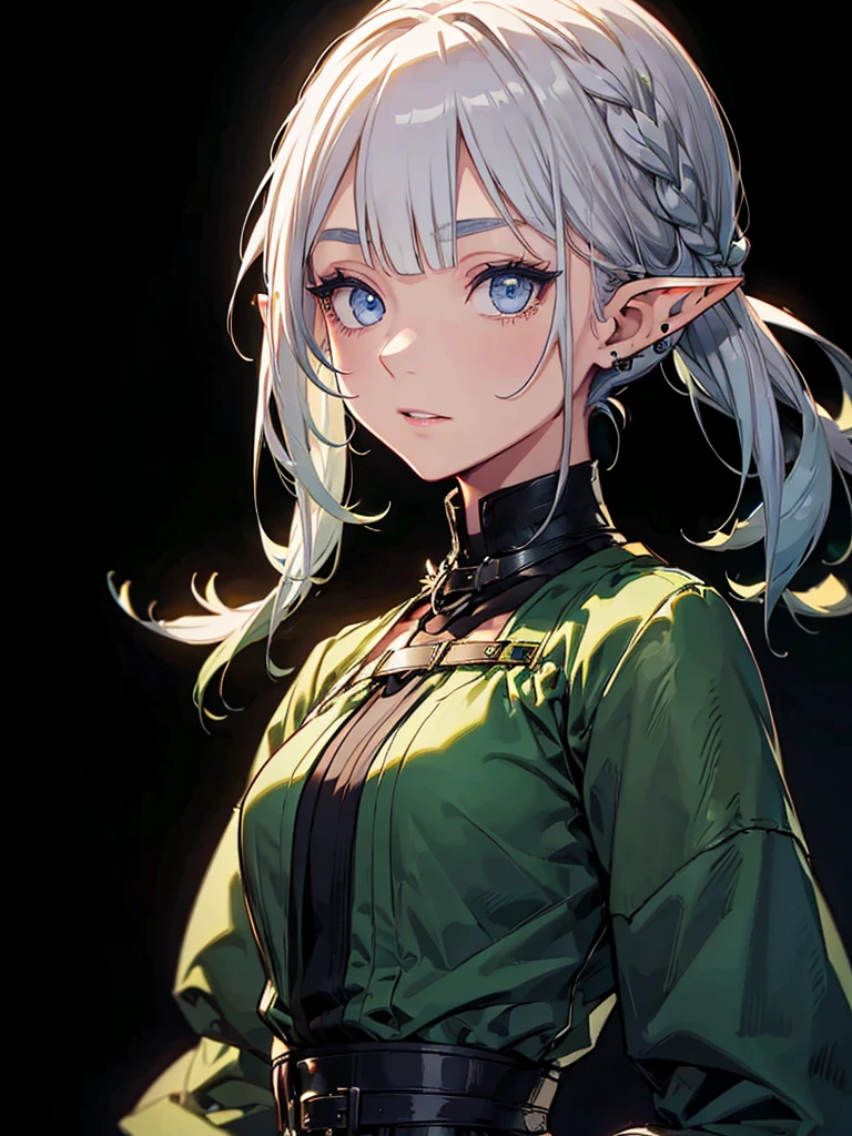 Black background with spotlight、Green clothing、Rinwell-style braided short silver hair、Pointed Ears、Elf、blue eyes、Casual clothing、Long eyelashes