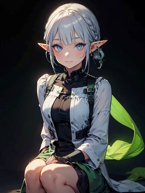 black background with spotlight、green clothing、rinwell-style braided short silver hair、pointed ears、elf、blue eyes、casual clothin...