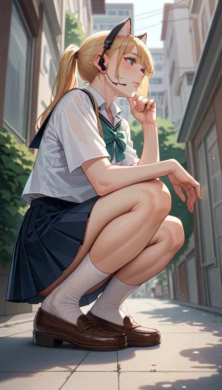 Beautiful girl Squatting in street, High resolution, Ponytail, chest, Blushing, Blonde, Cat ear, Blurred, earphone, school uniform, (full body shot:1.2), (From below:1.1)