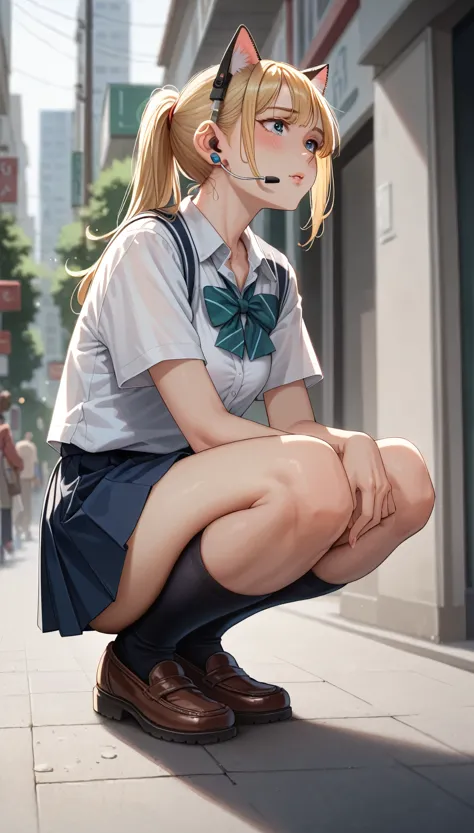 beautiful girl squatting in street, high resolution, ponytail, chest, blushing, blonde, cat ear, blurred, earphone, school unifo...