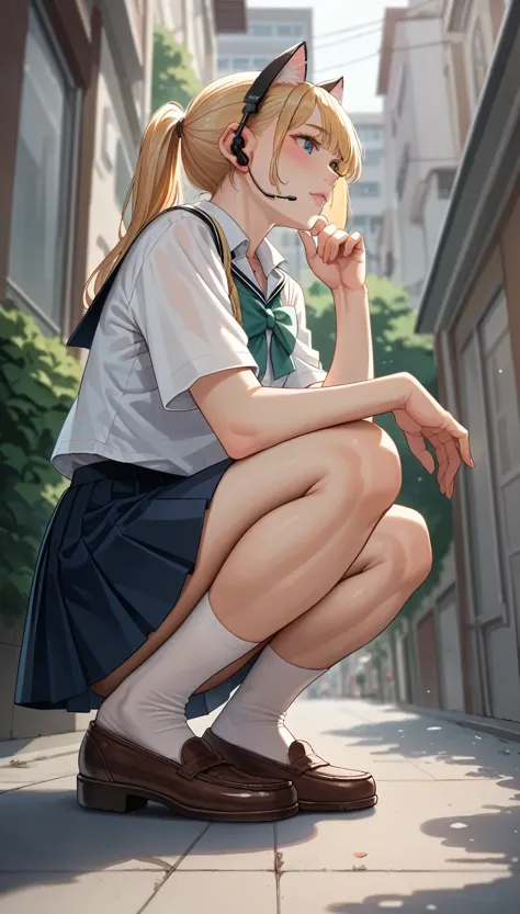 beautiful girl squatting in street, high resolution, ponytail, chest, blushing, blonde, cat ear, blurred, earphone, school unifo...