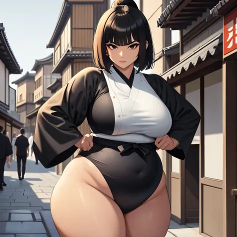 (masterpiece), (detailed), (high res), (best quality), slim sumo girl, black square haircut and long haircut, black eyes, white ...