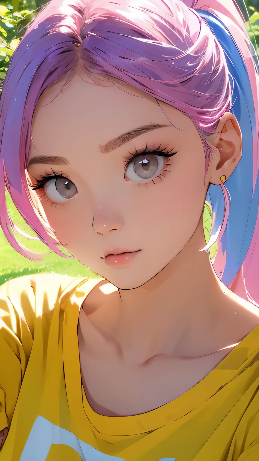 Beautiful and attractive woman、Half-body photo、Delicate and sexy collarbone、Attractive oval face、double eyelid、bright peach-colored eyes、Pink Lips、Small Nose、Concentrated face、Face close-up、Blue Hair、ponytail、Yellow T-shirt、Big on T-shirt３Character、Ultra-high resolution、Super detailed、