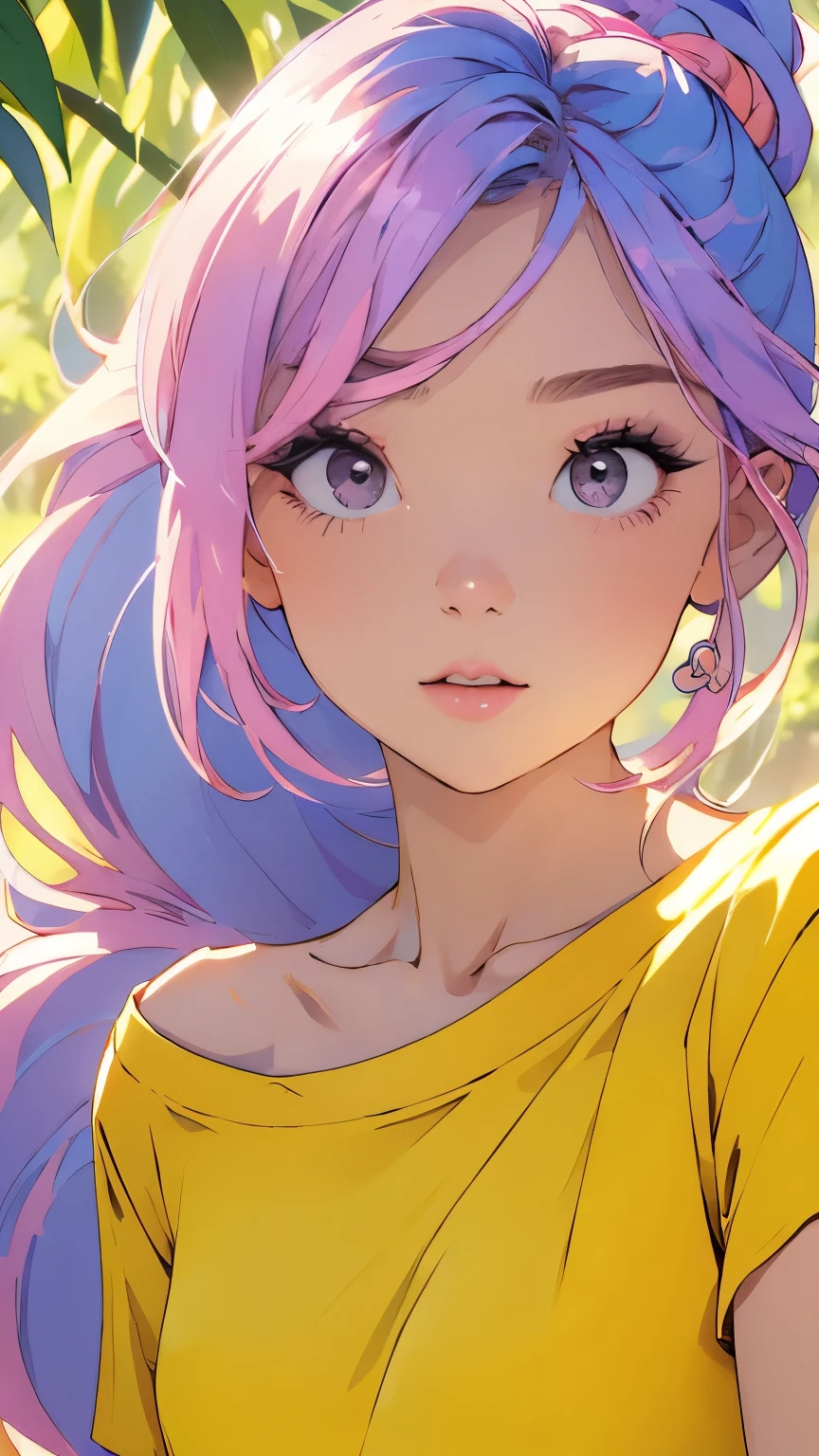 Beautiful and attractive woman、Half-body photo、Delicate and sexy collarbone、Attractive oval face、double eyelid、bright peach-colored eyes、Pink Lips、Small Nose、Concentrated face、Face close-up、Blue Hair、ponytail、Yellow T-shirt、Big on T-shirt３Character、Ultra-high resolution、Super detailed、