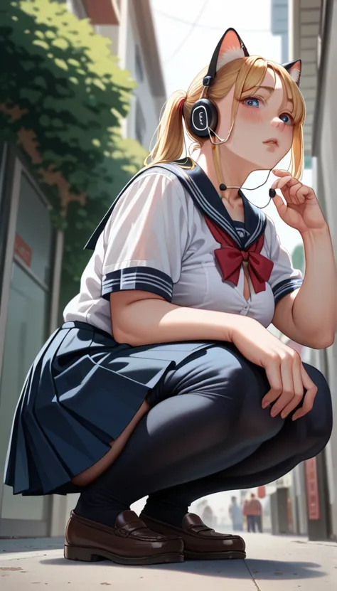 beautiful girl squatting in street, high resolution, ponytail, plump chest, blushing, blonde, cat ear, blurred, earphone, school...