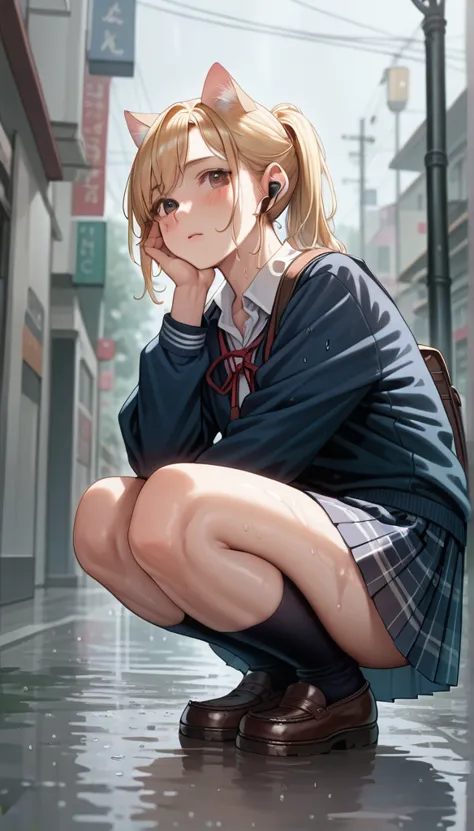 beautiful girl squatting in street, high resolution, ponytail, chest, blushing, blonde, cat ear, blurred, earphone, wet school u...