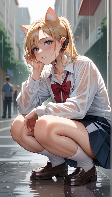 beautiful girl squatting in street, high resolution, ponytail, chest, blushing, blonde, cat ear, blurred, earphone, wet school u...