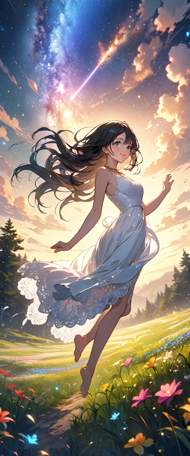 (masterpiece、Highest quality、8k、High resolution)、1 female、Beautiful eyes with slit length、Cute lips、Beautiful Nose、Brownish black hair、smile、(Best anime girl)、Green grassland with forest view、Walking,((Barefoot, off the ground, flying high, high, high, flying and running)),Fantasy art,Colorful flowers blooming in the field,A bright night with the stars clearly visible、milky way、(Mysterious light particles from the whole body、Colorful light particles)、jewelry、necklace、White lace dress、(Beautiful full body style)、Highly detailed anime art、Fantasy art,