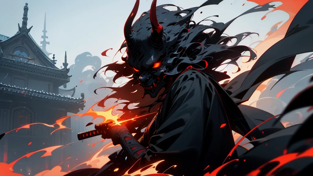 Black oni mask,Red and black hills,The house is on fire behind,A long, scary black cloak,Holding a black katana sword