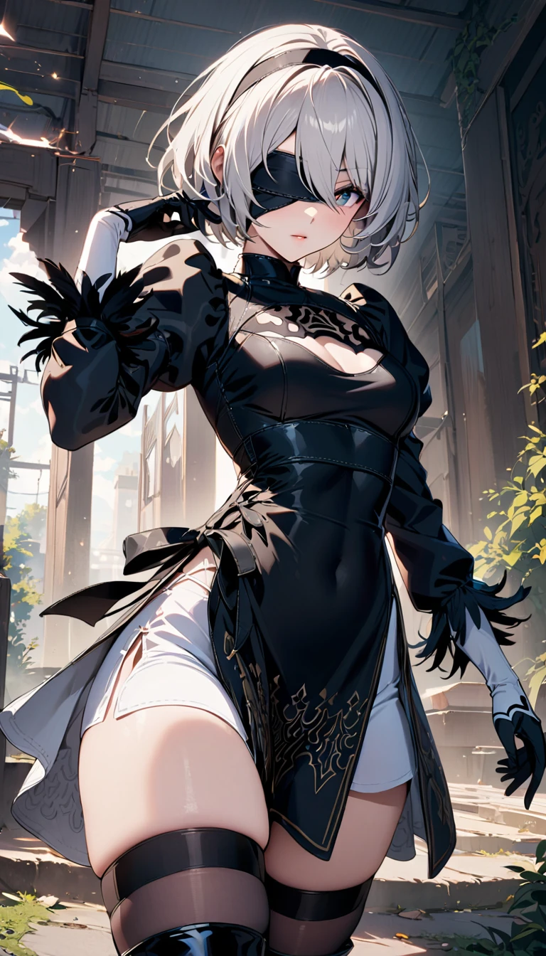 1girl,独奏,2b \(nier:Automata\), ,looking at viewer,black hairband, blindfold, clothing cutout, gloves, hairband,,white hair,(masterpiece, best quality:1.1),Detailed hands,cool