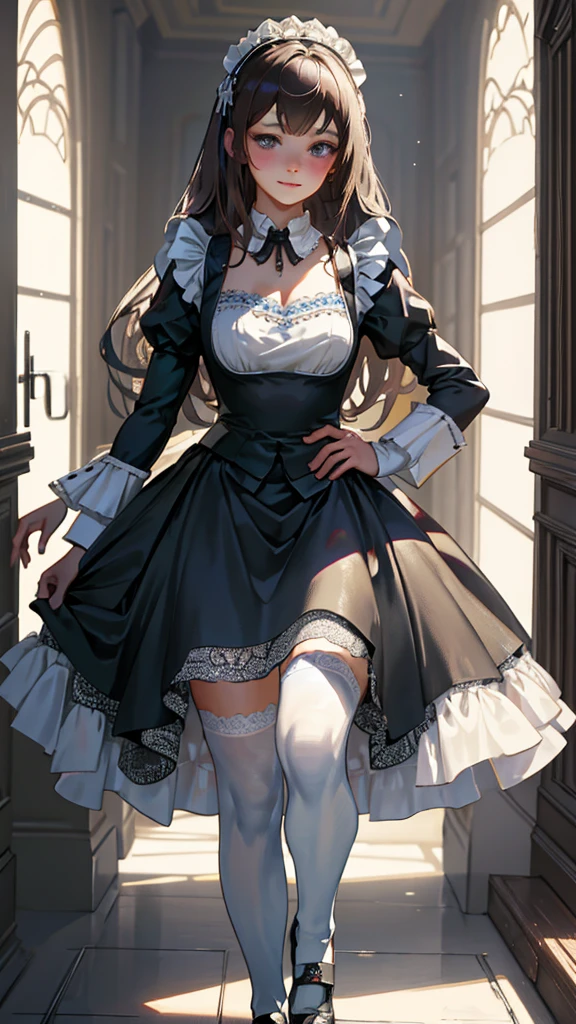 best qualtiy，8k，Best quality，(the detail:1.4),The picture is clear，a close up of a woman in a dress and stockings, anime girl in a maid costume, gorgeous maid, Maid outfit,One poses for a photo in a maid costume，is an anime character who wears a maid costume，Drawn in Artgerm's style，Has long blonde hair，Sexy girl with dark brown hair，the maid outfit，A dress dressed in lace，Walking past you，Luxurious theme，realistic dress，Skin details are highly detailed，Watch machinery，Dirty floor，Beautiful maid，feminine beauty，Stunning character art，Ray traching