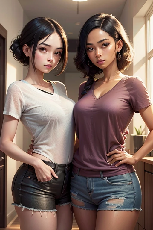 mother and daughter in casual clothes　Hair is short　Standing side by side　The background is indoors, nffsw, retinas, masutepiece, ccurate, Anatomically correct, Textured skin, Super Detail, high details, High quality, awardwinning, Best Quality, hight resolution