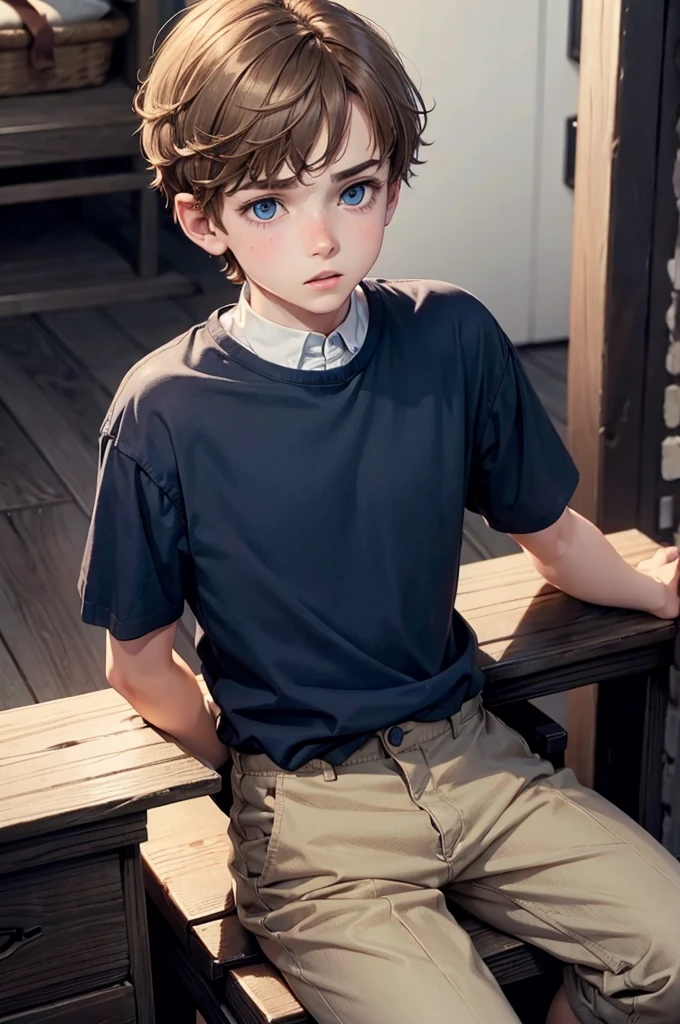 boy with light brown hair, White skin, blue eyes, short hair, fringe, small nose, Caucasian, CLOTHES: Dark blue shirt, black pantaloon, sitting down, looking at the viewer, 