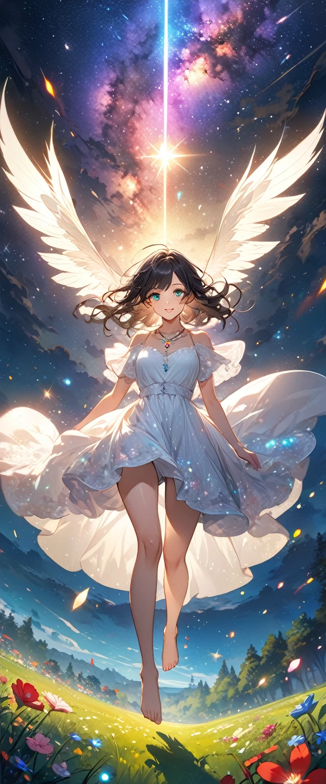 (masterpiece、Highest quality、8k、High resolution)、1 female、Beautiful eyes with slit length、Cute lips、Beautiful Nose、Brownish black hair、smile、(Best anime girl)、Green grassland with forest view、Walking,((Barefoot, off the ground, flying high, high, high, flying and running)),Fantasy art,Colorful flowers blooming in the field,A bright night with the stars clearly visible、milky way、(Mysterious light particles from the whole body、Colorful light particles)、jewelry、necklace、White lace dress、(Beautiful full body style)、Highly detailed anime art、Fantasy art,