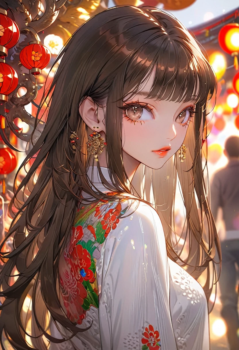 The background is a festival，(Highest quality,Very detailed,High resolution:1.2),beautiful girl，Brown straight hair,Brown bangs，very_Long eyelashes, Detailed lips, Cool look, Soft Skin, Shiny Hair,Exquisite makeup,Looking back at me