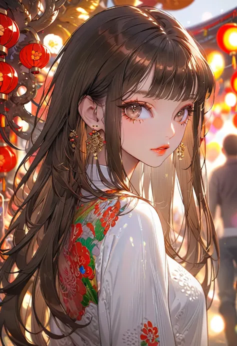 the background is a festival，(highest quality,very detailed,high resolution:1.2),beautiful girl，brown straight hair,brown bangs，...