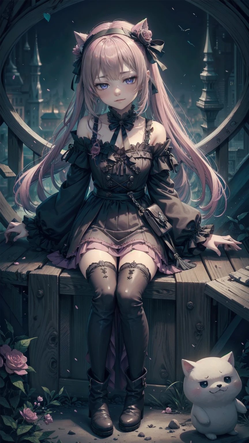 Anime Style、Storytelling、、beautiful girl、とてもcute天使、Pink Gothic Dress、cute、Baby Face、smile、Long skirt、Black long boots、Very cute headband
