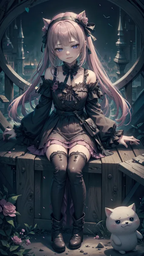 anime style、storytelling、、beautiful girl、とてもcute天使、pink gothic dress、cute、baby face、smile、long skirt、black long boots、very cute ...