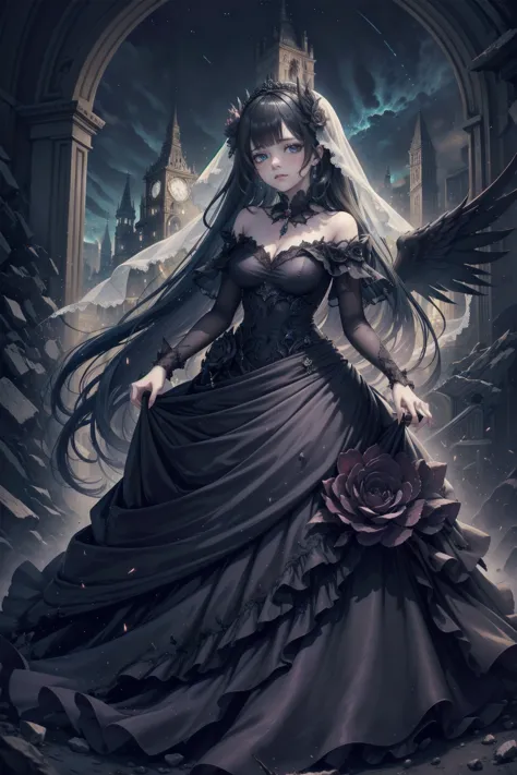 a world where the elegance of a bygone era meets the precision of mechanical innovation, the gothic girl、standing as a living wi...