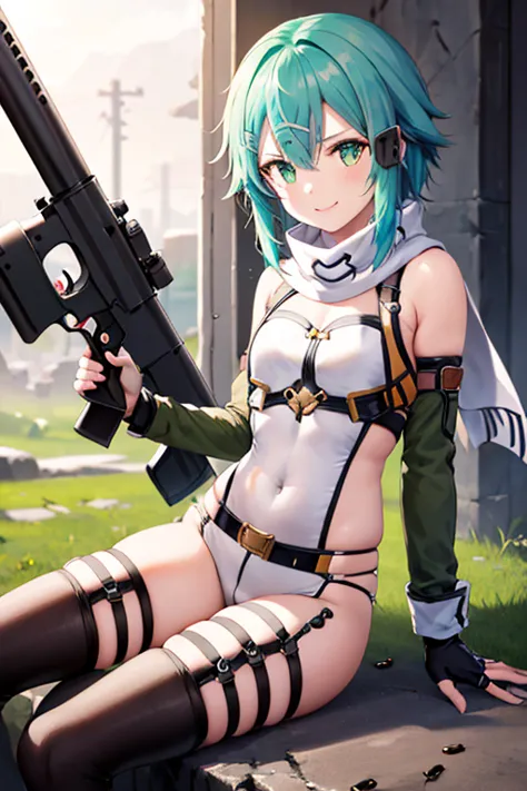 ​masterpiece, top-quality, hight resolution, 1girl in, sinon1, scarf, fingerless gloves, hair adornments, hair clips, thigh stra...