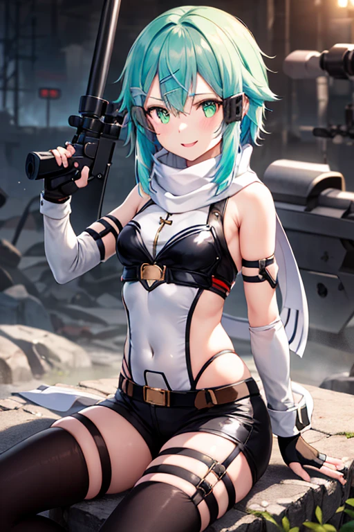 ​masterpiece, top-quality, hight resolution, 1girl in, sinon1, scarf, Fingerless gloves, hair adornments, hair clips, Thigh strap, Cowboy Shooting, Have a gun, Sniper rifle,, sitting on, Curvaceous, Small waist, bbw,, surrounded by people、a smile