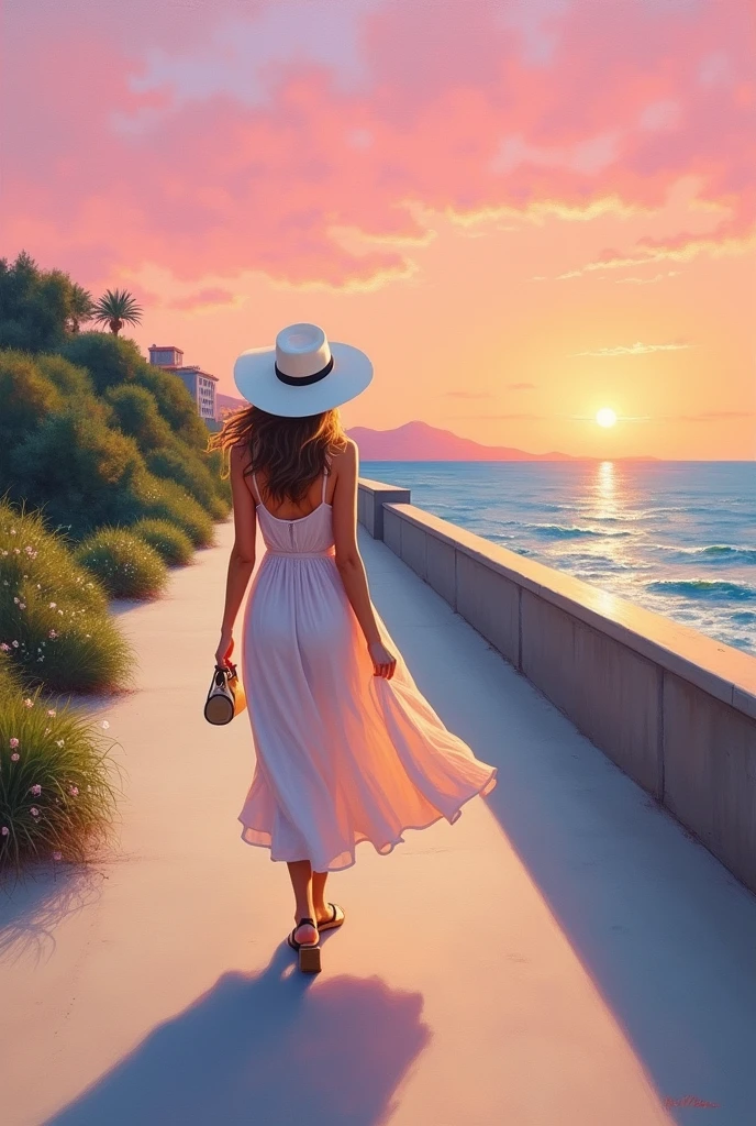 Impressionist style, Van Gogh style, Coney Island, leaning on the railing of a wooden walkway by the sea, the sun setting on the horizon, a man and a woman in old-fashioned clothes watching the sunset, the wind blowing from the hills to the sea, retro style, oil painting, the sky is dyed pink, melancholic atmosphere, painting.