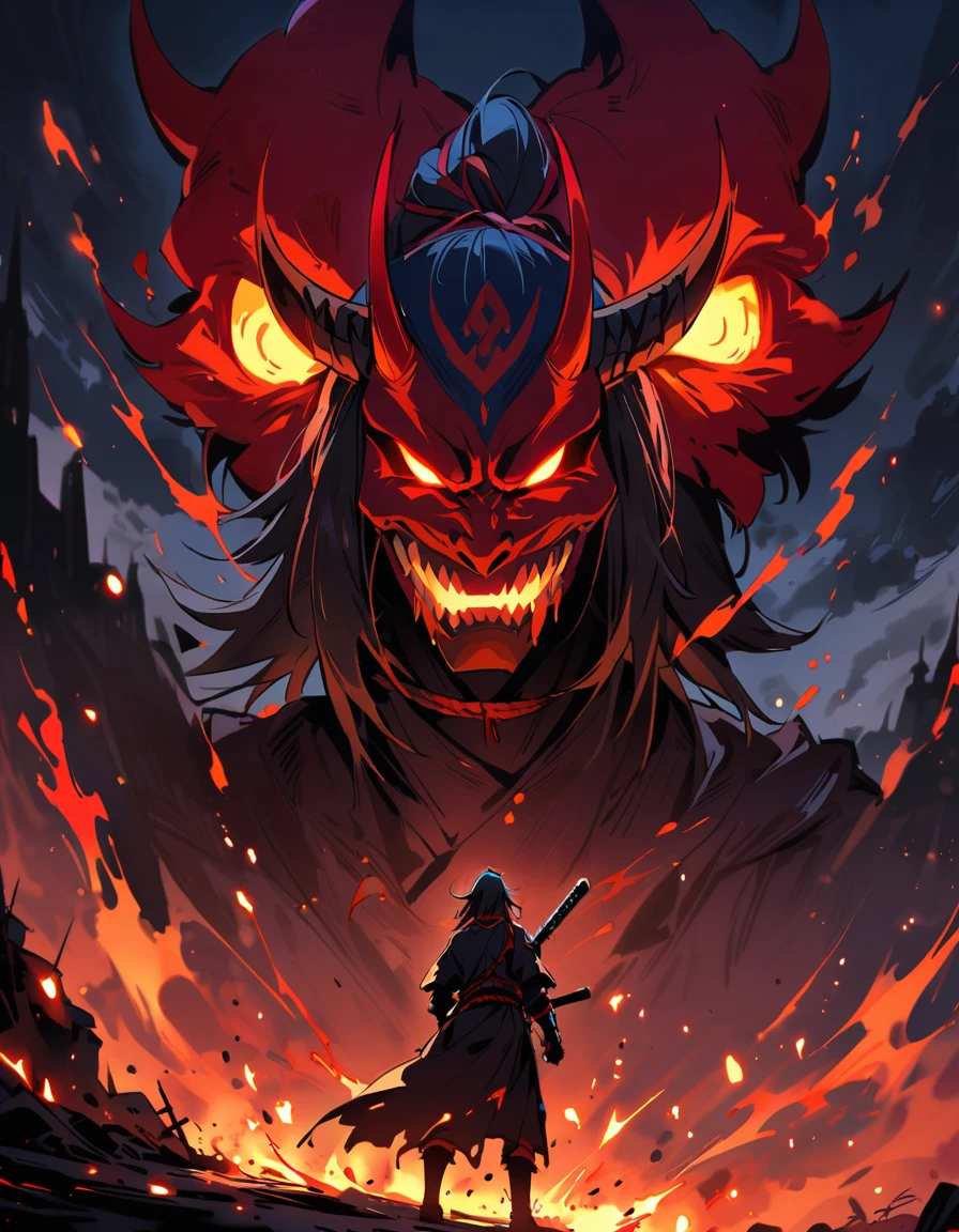 Black and red oni mask，Glowing Black Sword,Behind the village fire ,blood,at night,It&#39;s snowing,at night,