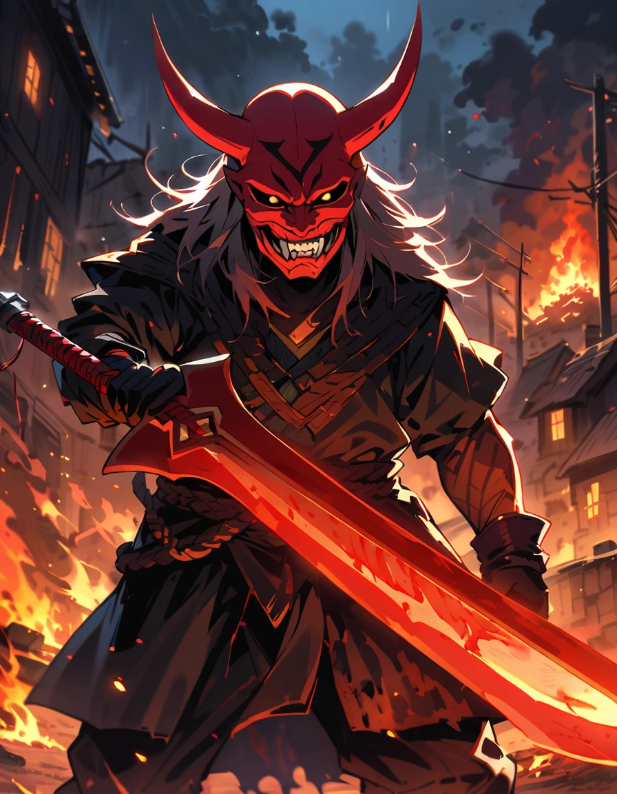 Black and red oni mask，Glowing Black Sword,Behind the village fire ,blood,at night,It&#39;s snowing,at night,