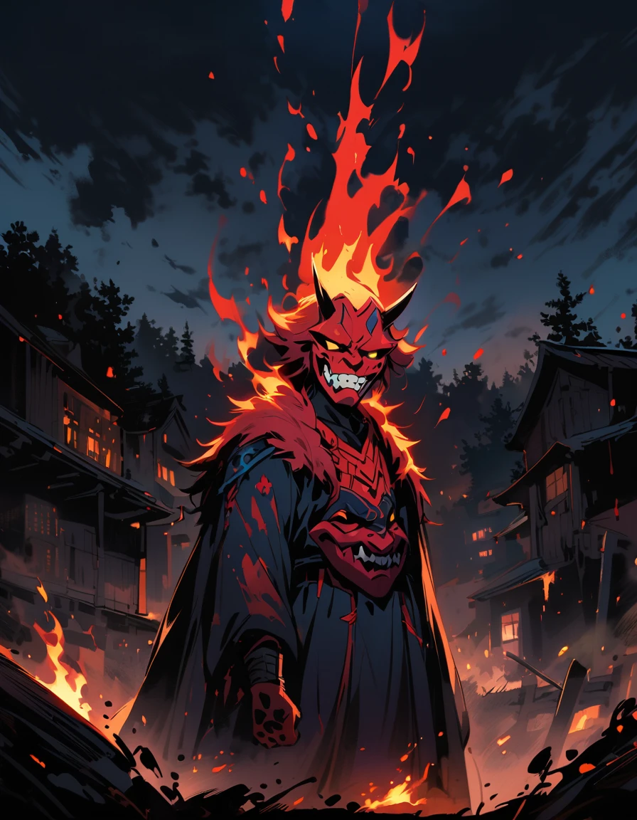 Black and red oni mask，Glowing Black Sword,Behind the village fire ,blood,at night,It&#39;s snowing,at night,