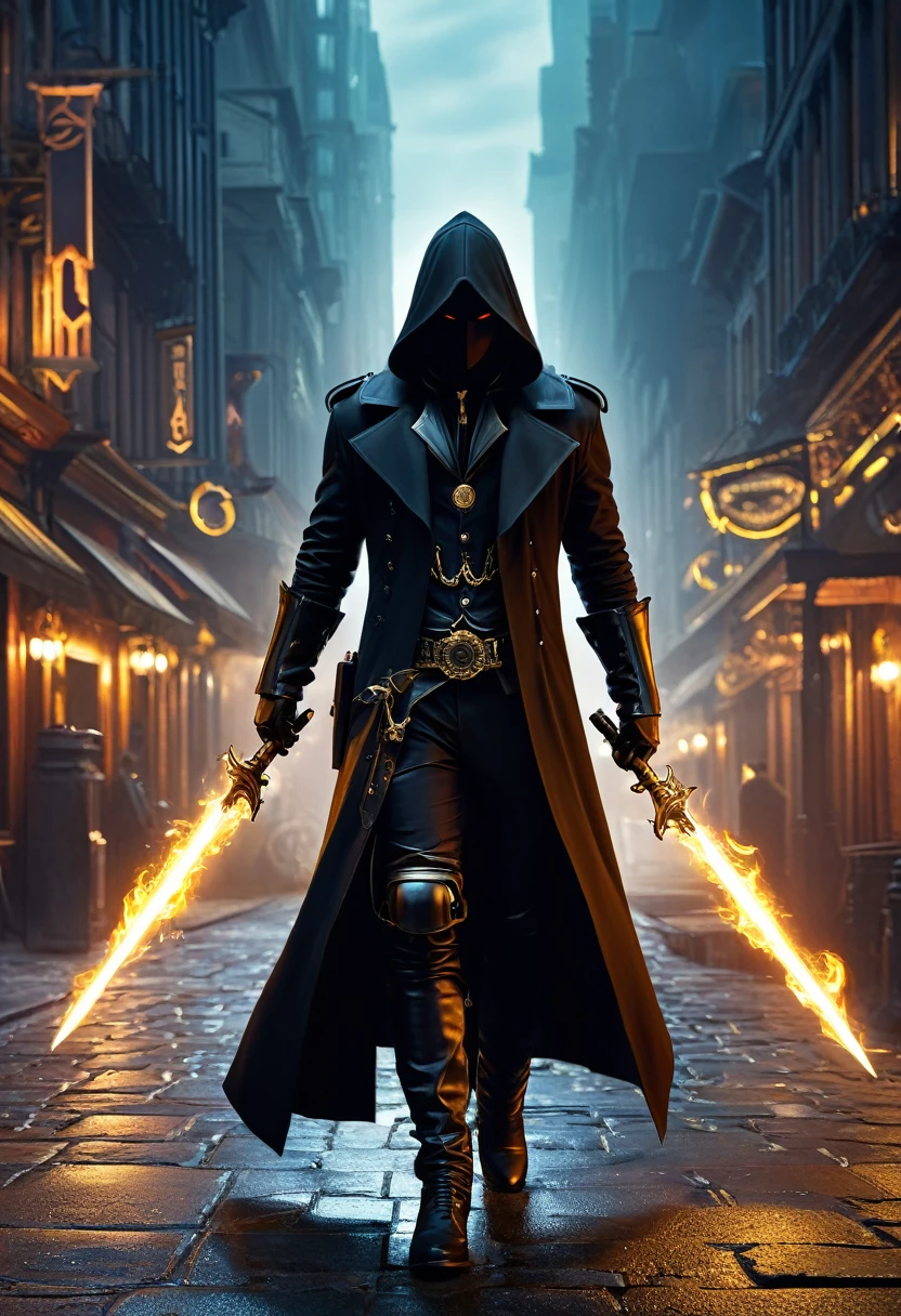 (Ghost of the Black Hood:1.5), (extremely detailed CG unity 16k wallpaper:1.1), (Denoising Strength: 1.45), (masterpiece:1.37), (Full body posture:1.4:), full length; from head to foot; Front view; Glowing eyes; Steampunk; Clocks;  Devil&#39;s Breath; Steampunk; full length; from head to foot; Front view; Ninja holding a samurai sword, , Cyberpunk Illustration, symmetry, detailed,