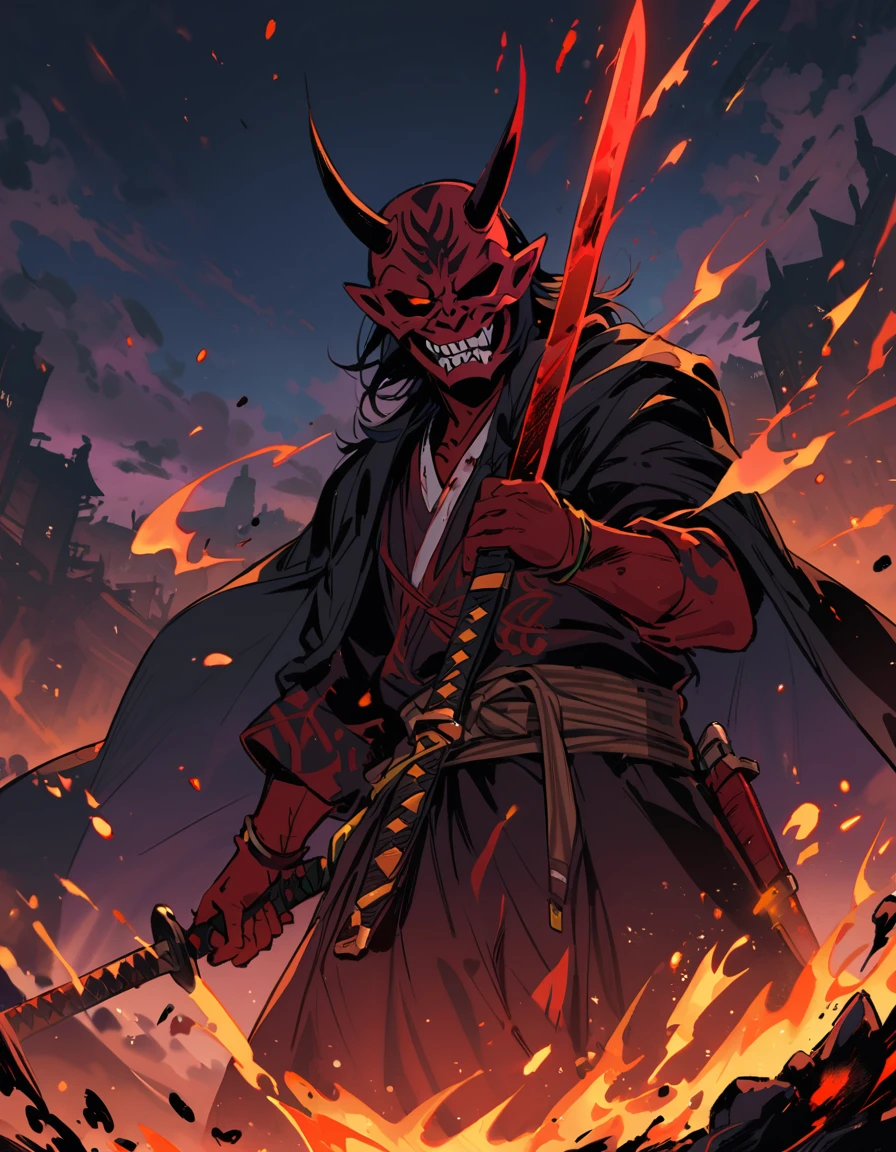 Black oni mask，Black katana sword,Behind the village fire ,blood,at night,It&#39;s snowing,at night,