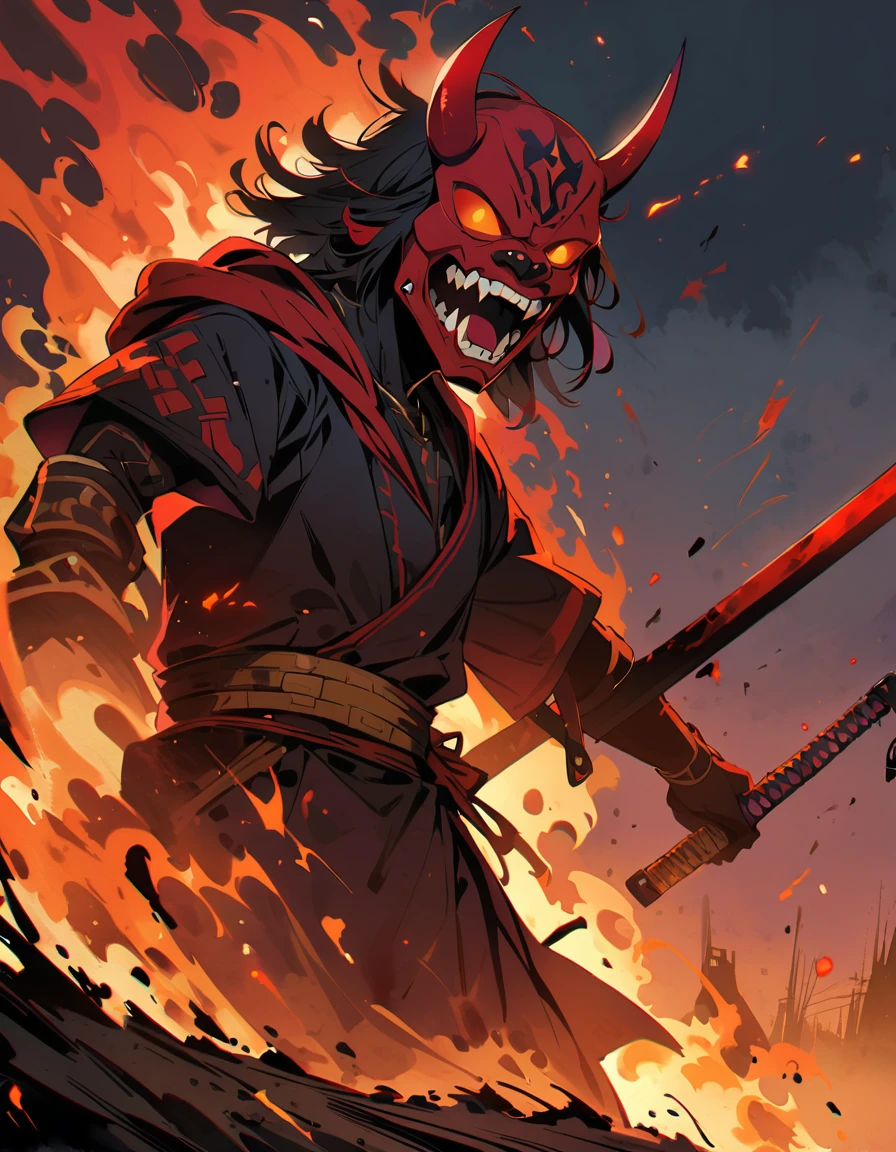 Black oni mask，Black katana sword,Behind the village fire ,blood,at night,It&#39;s snowing,at night,