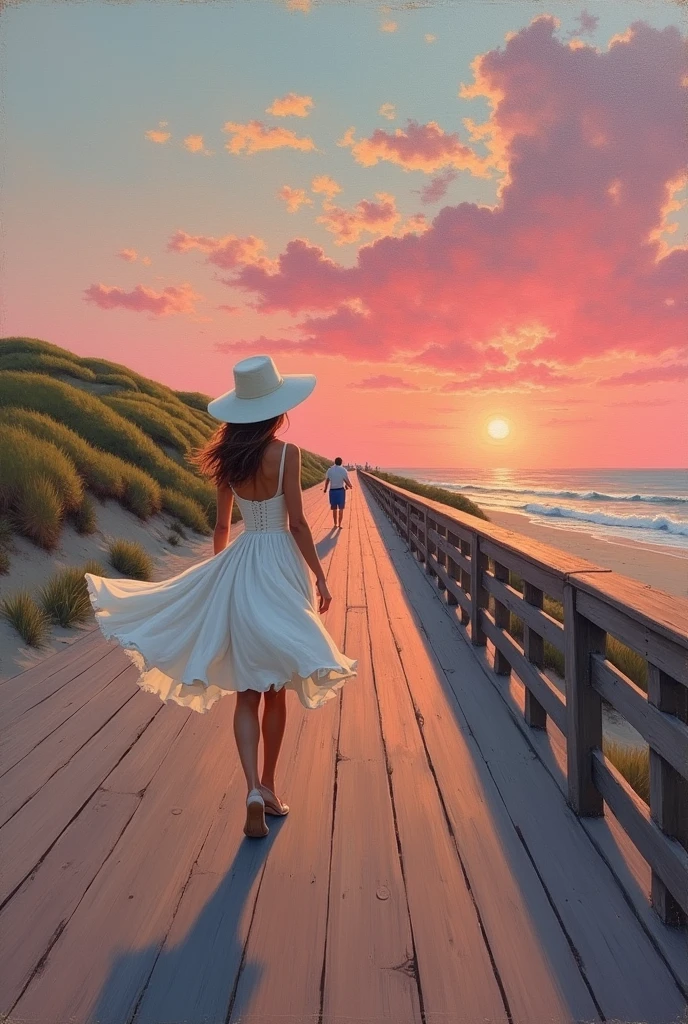 Impressionist style, Van Gogh style, Coney Island, leaning on the railing of a wooden walkway by the sea, the sun setting on the horizon, a man and a woman in old-fashioned clothes watching the sunset, the wind blowing from the hills to the sea, retro style, oil painting, the sky is dyed pink, melancholic atmosphere, painting.