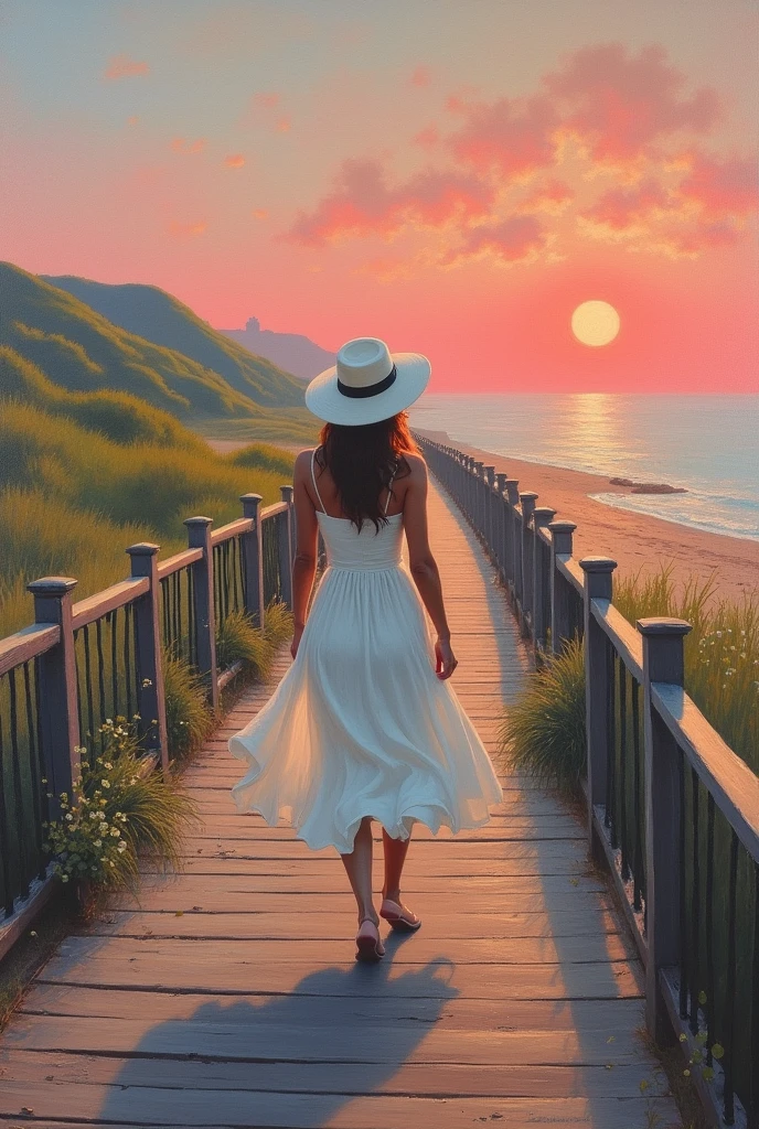 Impressionist style, Van Gogh style, Coney Island, leaning on the railing of a wooden walkway by the sea, the sun setting on the horizon, a man and a woman in old-fashioned clothes watching the sunset, the wind blowing from the hills to the sea, retro style, oil painting, the sky is dyed pink, melancholic atmosphere, painting.