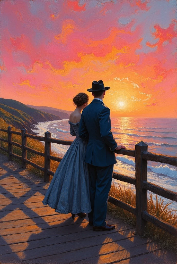 Impressionist style, Van Gogh style, Coney Island, leaning on the railing of a wooden walkway by the sea, the sun setting on the horizon, a man and a woman in old-fashioned clothes watching the sunset, the wind blowing from the hills to the sea, retro style, oil painting, the sky is dyed pink, melancholic atmosphere, painting.